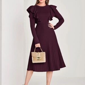 Red Ruffled Ribbed Midi Dress